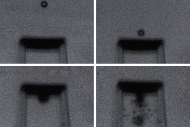 Four grainy video stills show a bridge-like structure. A spherical particle approaches the bridge and smashes through it.
