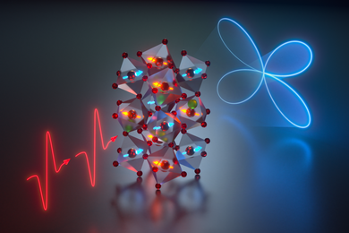 Illustration of a red energy wave passing through a colorful stack of 3D prisms and small spheres and emerging on the other side as a blue petal-shaped pattern.