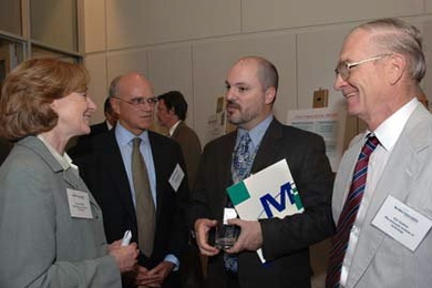 From left, MIT President Susan Hockfield, William Guenther, president of Mass Insight Education & Research Institute, Joel Stembridge, headmaster of the John D. O'Bryant School of Math and Science in Roxbury, Mass., and J. Kim Vandiver, MIT professor of mechanical engineering and dean for undergraduate research just prior to their announcement of the launch of the Massachusetts Math & Scie...