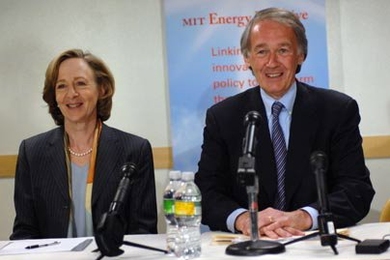 President Susan Hockfield and Rep. Edward Markey of Massachusetts answer questions from press after an MIT clean energy policy forum on April 13.