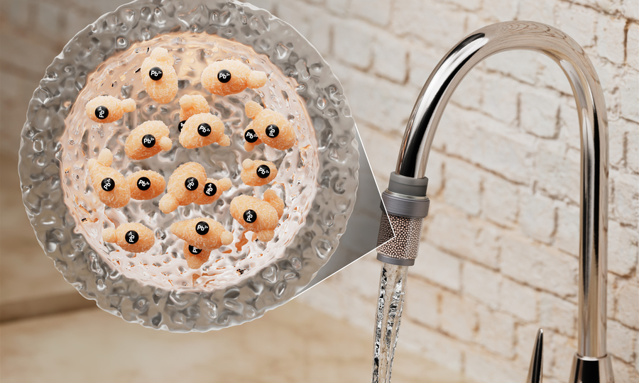 A kitchen faucet runs, and it has a unique filter filled with bead-like objects. An inset shows that the beads are hydrogel capsules containing many bean-shaped yeast.