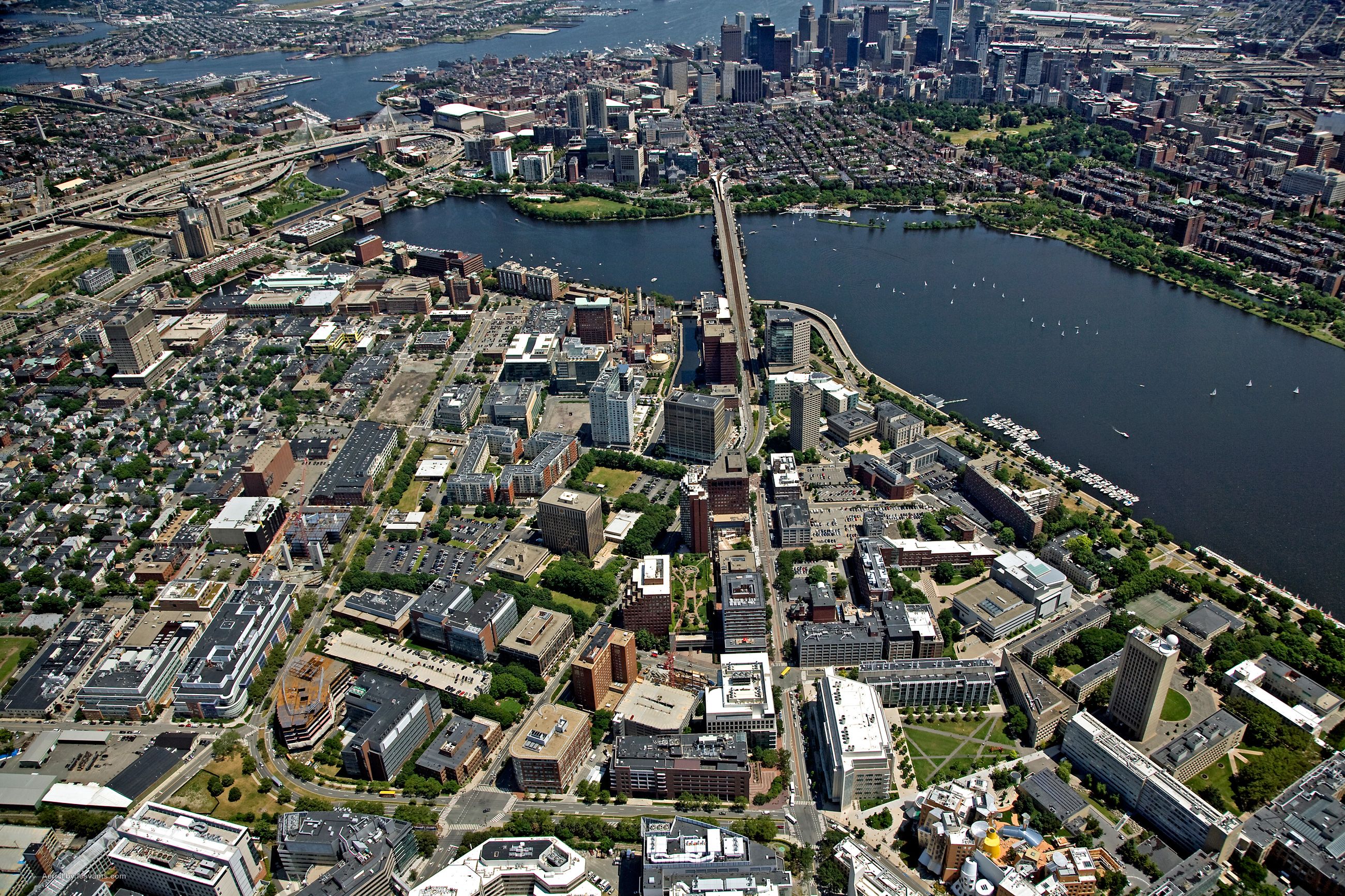 Aerial view of Boston, Massachusetts, with a focus on the city's