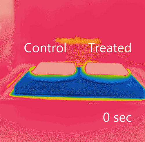 Infrared video shows how a sample of the treated neoprene (right) takes much longer to cool off than a similar sample that has not been treated (at left).