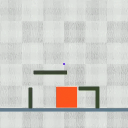 Ein orangefarbener, rechteckiger Klecks verschiebt sich und verlängert sich aus einer dreiwandigen Labyrinthstruktur, um ein violettes Ziel zu erreichen.