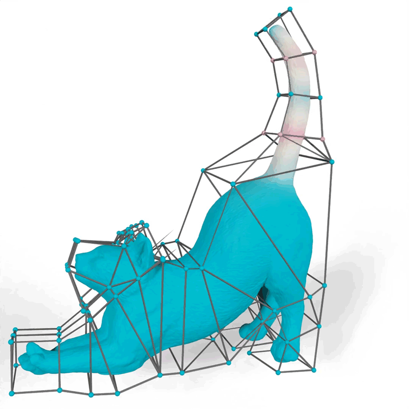 Animation of blue cat enclosed in mesh, as its tail curls side to side.