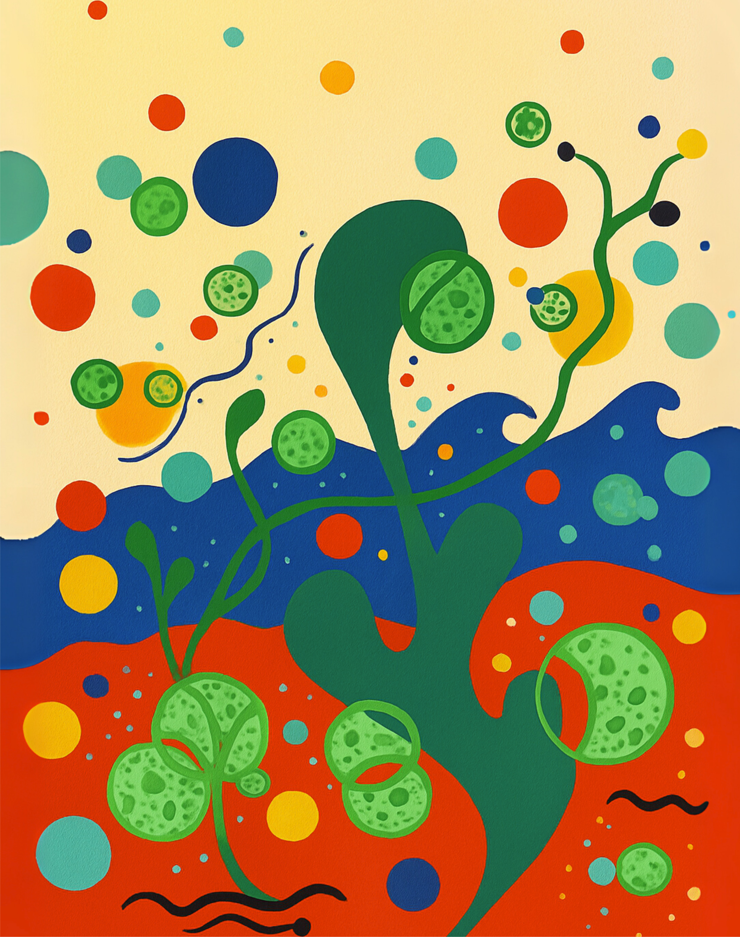 Whimsical painting with algae and bubble motifs