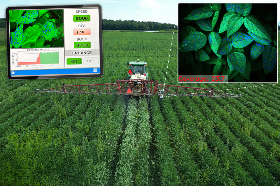 A farm vehicle uses a long arm to spray many crops. Inset on left shows an iPad with an app showing “coverage history” and speed as “good.” On left, another inset shows leaves, and the sprayed chemical shows up as bright blue.