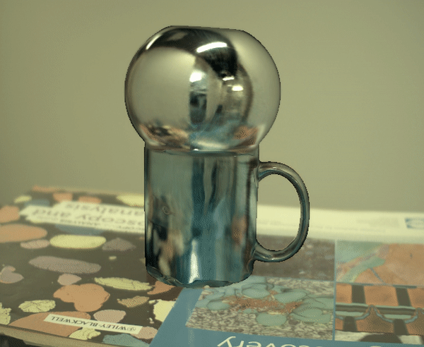 Animation of 360-degree view of glossy sphere and mug
