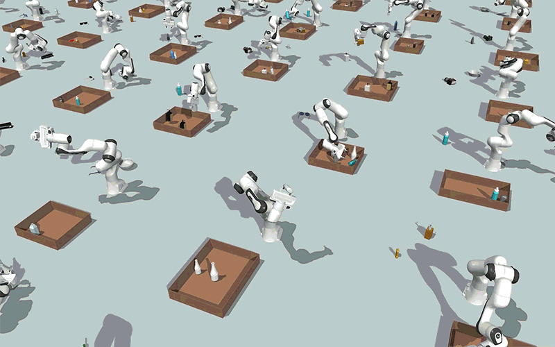 Animation of a grid of robot arms with a box in front of each.  Each robot arm grabs nearby items, like sunglasses and plastic containers, and puts them into a box.