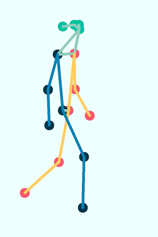 Animation of a stick figure walking with human-like movements, consisting of colored lines and balls for joints.
