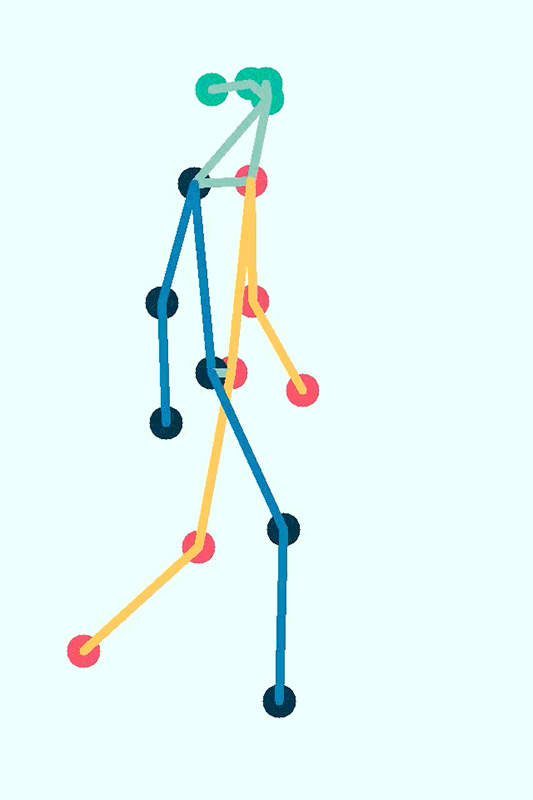 Animazione di una figura stilizzata che cammina con movimenti simili a quelli umani fatti di linee colorate e palline per le articolazioni.