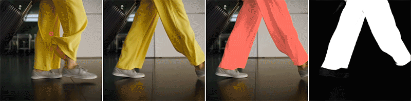 Four images shown horizontally of a person walking with luggage.  First, the picture still shows the red dot on the material of the yellow pants.  The second and third images are animations, but the third image shows pink pants.  Fourth, an animation of the monochrome version is shown, with the cargo and boots barely visible against a black background.