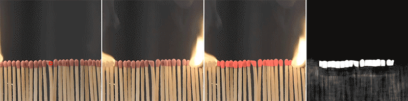 Four images are displayed in a horizontal row of matches.  First, the picture still shows the red dot in the center of the tip of the match.  The second and third images are animations of the flames at opposite ends as they reach the center, but the third image shows the center matches in bright red.  Fourth, an animation of the monochrome version is shown, with the flame barely visible against a black background.