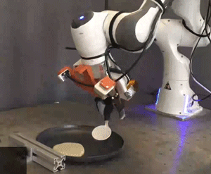 Animation eines Roboterarms, der einen Spatel verwendet, um einen Spielzeugpfannkuchen anzuheben
