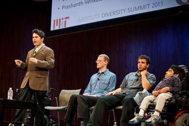 Students and a recent alumnus spoke in a panel discussion on 'disability as an aspect of diversity.' From left, Joshua Frisch '15, graduate student David Hayden, Benjamin Jones '13 and Prashanth Venkataram '14. Not seen is Ian Smith, who graduated in 2010.