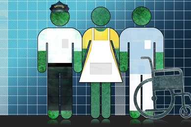 Security guard, nurse, and hospital worker as stick people with wheelchair