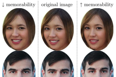 Two examples of faces that have been modified from an original photo (center) to look more (right) and less (left) memorable without altering their identity, attractiveness, age, or gender. 