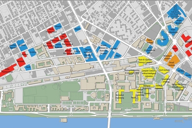 This map of the MIT campus and Kendall Square shows MIT-founded biotech companies (red), MIT-affiliated institutes (orange), MIT departments and institutes (yellow), and other biotech and high-tech companies (blue).