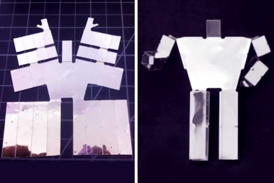 Before-and-after stills from the video "An End-to-End Approach to Making Self-Folded 3D Surface Shapes by Uniform Heating." The left image shows the self-folding sheet for a humanoid shape, while the right image shows the completed self-folded humanoid shape.
