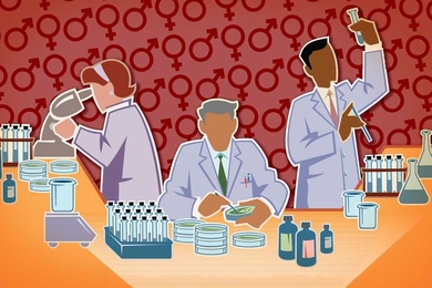 Three scientists working at table with various laboratory equipment.