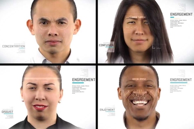 Screenshots from a video from Affectiva shows how the Affdex software tracks facial cues to infer emotions. At top left, a fixed stare signals concentration; at top right, a furrowed brow signals confusion; at bottom right, a raised brow signals enjoyment; and at bottom left, a wrinkled nose bridge may signal disgust.
