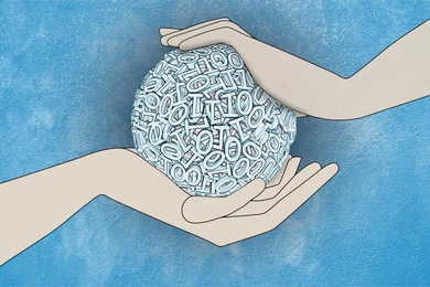 Pair of arms with hands wrapped around orb of numbers