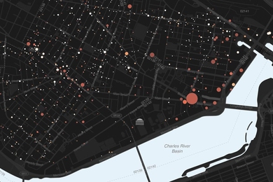 Mapping the entrepreneurial quality in the MIT ecosystem by addresses for ZIP codes 02139, 02141, and 02142. Each address with at least one startup is represented by a circle whose radius is proportional to the number of business registrants; the color is determined by the average level of entrepreneurial quality in that address. 