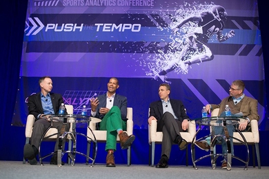 During a panel at the MIT Sloan Sports Analytics Conference on Feb. 27: (from left) football analyst Brian Burke; former basketball player Shane Battier; ESPN analytics director Ben Alamar; and panel moderator John Anderson of ESPN.