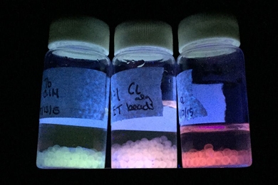 Luminescent materials produced by the MIT team are shown under ultraviolet light, emitting different colors of light that can be modified by their environmental conditions.
