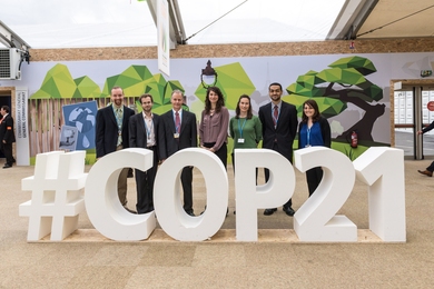 At the 2015 Paris climate talks, MIT faculty, students, staff, and alumni have been observing negotiations and participating in side events. A few of those participating: (l-r) MIT researcher and Climate Interactive director Travis Franck; PhD student Michael Davidson; MIT Center for Collective Intelligence/Climate CoLab Director Thomas Malone; MIT Climate CoLab project manager Laur Fisher; alumna...