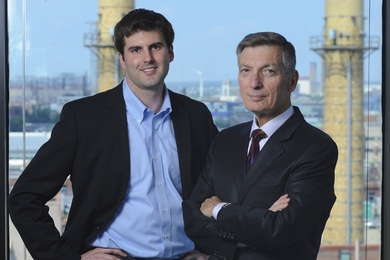 Donald Sadoway (right) of the Department of Materials Science and Engineering, David Bradwell MEng ’06, PhD ’11, and their collaborators have developed a novel molten-metal battery that is low-cost, high-capacity, efficient, long-lasting, and easy to manufacture — characteristics that make it ideal for storing electricity on power grids today and in the future.