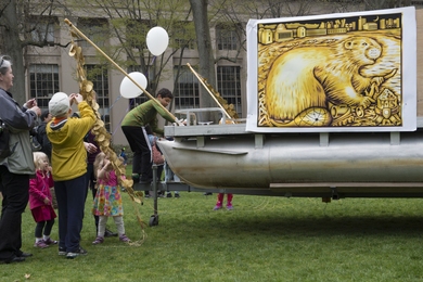 A new Bucentaur, under construction, was displayed at the 2016 MIT Open House. The Bucentaur team is led by Sam Magee, manager of student arts programs at MIT.