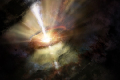 This illustration depicts the view from outside of a rapidly-accreting black hole. The bright light toward the center represents the super-heating of gas as it falls onto the black hole. Emanating from the center is a jet of accelerated particles moving near the speed of light. Surrounding the black hold is cool, clumpy gas and dust, which are falling inwards and will eventually join the material ...