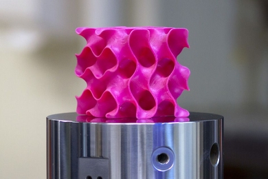 3-D-printed gyroid models such as this one were used to test the strength and mechanical properties of a new lightweight material.