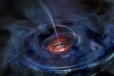 In this artist's rendering, a thick accretion disk has formed around a supermassive black hole following the tidal disruption of a star that wandered too close. Stellar debris has fallen toward the black hole and collected into a thick chaotic disk of hot gas. Flashes of X-ray light near the center of the disk result in light echoes that allow astronomers to map the structure of the funnel-like fl...