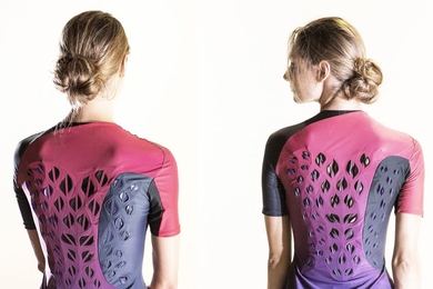 This breathable workout suit prototype has ventilating flaps that open and close in response to an athlete’s body heat and sweat. The left photo was taken before exercise when ventilation flaps are flat; after exercise, the ventilation flaps have curved.