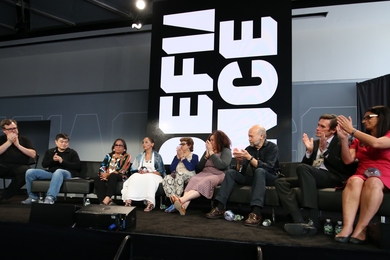 Left to right: LinkedIn co-founder Reid Hoffman and Media Lab Director Joi Ito joined Disobedience Award finalists Phyllis Young and LaDonna Brave Bull Allard; Betina Kaplan and Lorgia García-Peña; and James Hansen; along with winners Marc Edwards and Mona Hanna-Attisha.