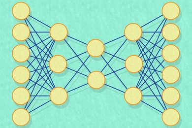 A new machine-learning system for analyzing materials “recipes” uses a variational autoencoder, which squeezes data (left-hand circles) down into a more compact form (center circles) before attempting to re-expand it into its original form (right-hand circles). If the autoencoder is successfully trained, the compact representation will capture the data’s most salient characteristics.