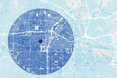 A new study found that cities with an orderly pattern, like the street grid seen in most of this map, have a much greater urban heat island effect than those with a more disorderly pattern, such as areas in the upper right. 

