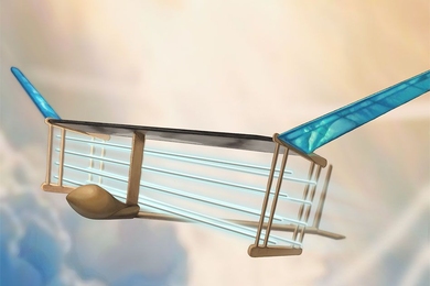A new MIT plane is propelled via ionic wind. Batteries in the fuselage (tan compartment in front of plane) supply voltage to electrodes (blue/white horizontal lines) strung along the length of the plane, generating a wind of ions that propels the plane forward.
