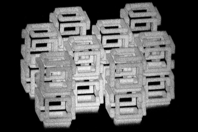 MIT engineers have devised a way to create 3-D nanoscale objects by patterning a larger structure with a laser and then shrinking it. This image shows a complex structure prior to shrinking.