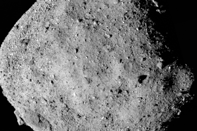 This mosaic image of asteroid Bennu is composed of 12 PolyCam images collected on Dec. 2 by the OSIRIS-REx spacecraft from a range of 15 miles (24 km). The image was obtained at a 50 degree phase angle between the spacecraft, asteroid, and the sun.