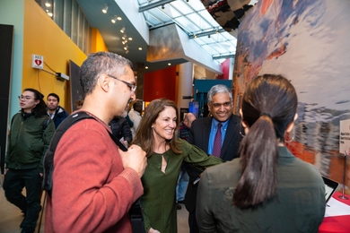 MIT Chancellor Cynthia Barnhart and Dean of Engineering Anantha Chandrakasan visited with MIT students in the Ray and Maria Stata Center yesterday during the Computing Exposition that kicked off a three-day celebration of the MIT Stephen A. Schwarzman College of Computing.
