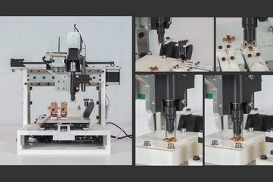 MIT graduate student Will Langford developed a machine that's like a cross between a 3-D printer and the pick-and-place machines that manufacture electronic circuits, but that can produce complete robotic systems directly from digital designs. (Video in "Related" sidebar below shows the assembly of a machine from five standard parts.)
