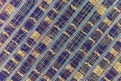 A close up of a modern microprocessor built from carbon nanotube field-effect transistors.