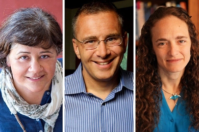 2020 John Simon Guggenheim Foundation Fellows include (left to right) Sabine Iatridou, professor of linguistics; Jonathan Gruber, professor of economics; and Rebecca Saxe, professor of cognitive neuroscience.