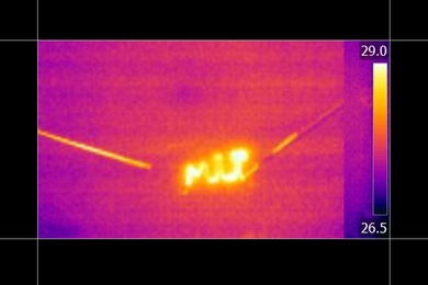 Infrared (heat) image shows a heating device made from steam-cracked tar, annealed with a laser, which  was formed into an MIT logo to demonstrate the controllability of the process. 