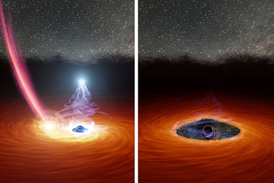 Astronomers at MIT and elsewhere watched a black hole’s corona disappear, then reappear, for first time. A colliding star may have triggered the drastic transformation.