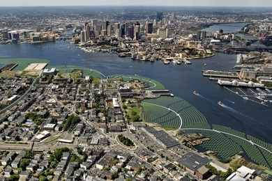 Conceptual image of the Emerald Tutu in Boston Harbor: green dots in the water hugging the coastline