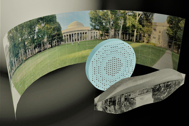 wide-field-of-view metalens capturing a 180° panorama of MIT’s Killian Court